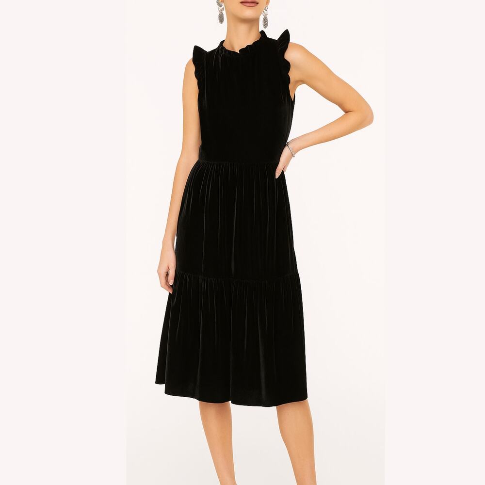 J. Crew Velvet Tiered Flutter Sleeveless Knee Length Dress Black 6